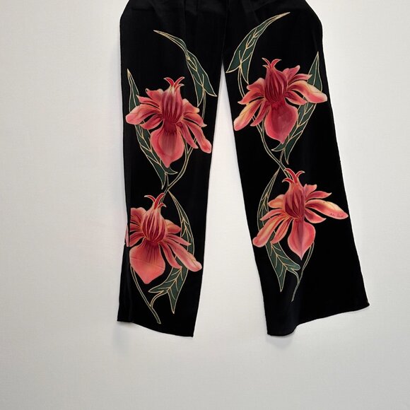SILK SCARF Stunning Black with Floral Painting by Artist Jane Hall - Picture 3 of 5